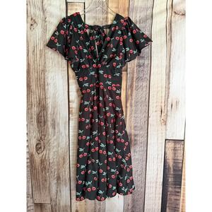 Unique Vintage Dress Cherry Print Fit & Flare Midi Retro Pinup Rockabilly Small